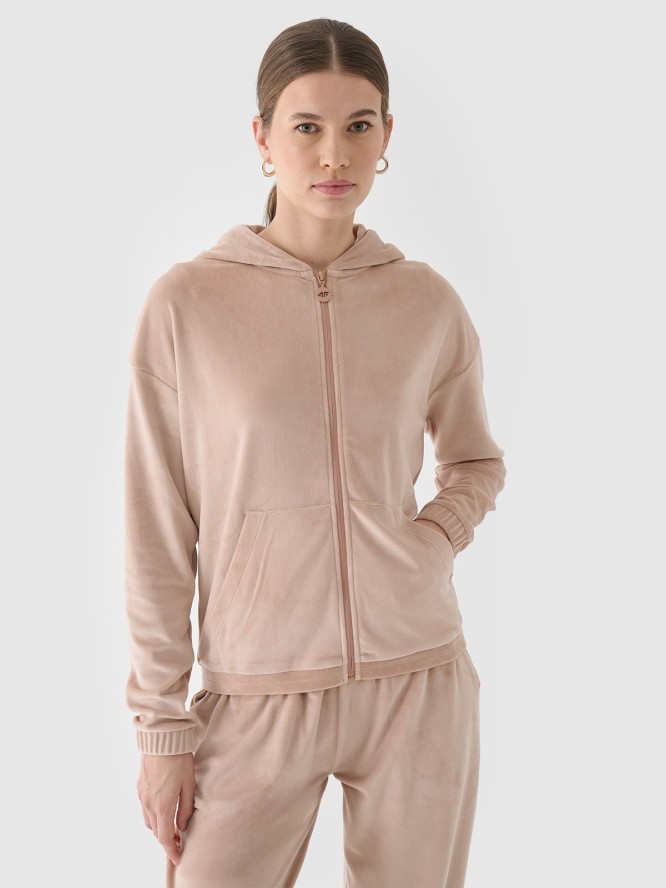 4F Bluza dresowa z weluru rozpinana z kapturem damska - beżowa XL
