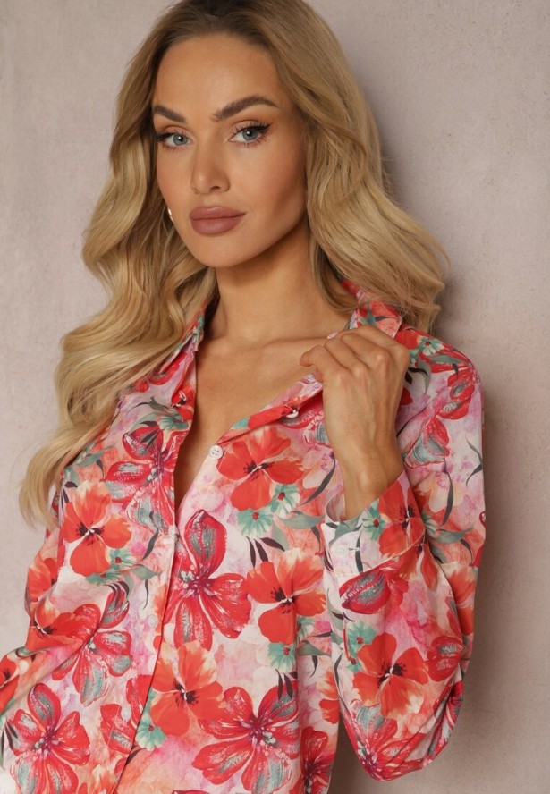 Czerwono-Różowa Klasyczna Koszula na Guziki z Bawełny w Kwiaty Taviea