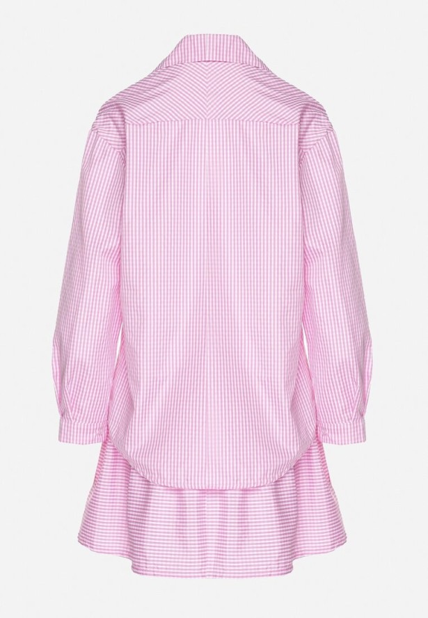 Różowy Komplet Koszula i Rozkloszowana Spódnica Novarene