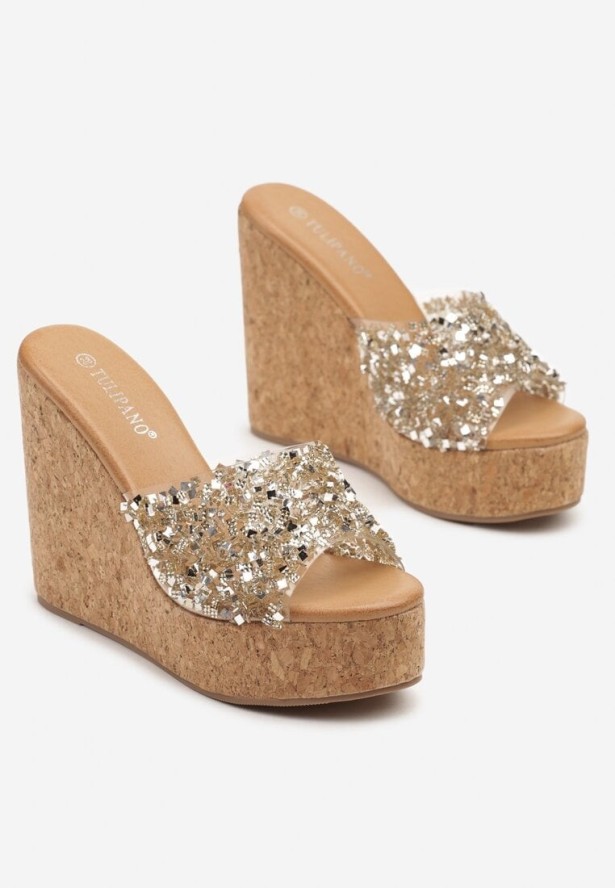 Złote Cyrkoniowe Klapki w Stylu Drewniaków na Koturnie Tillorina