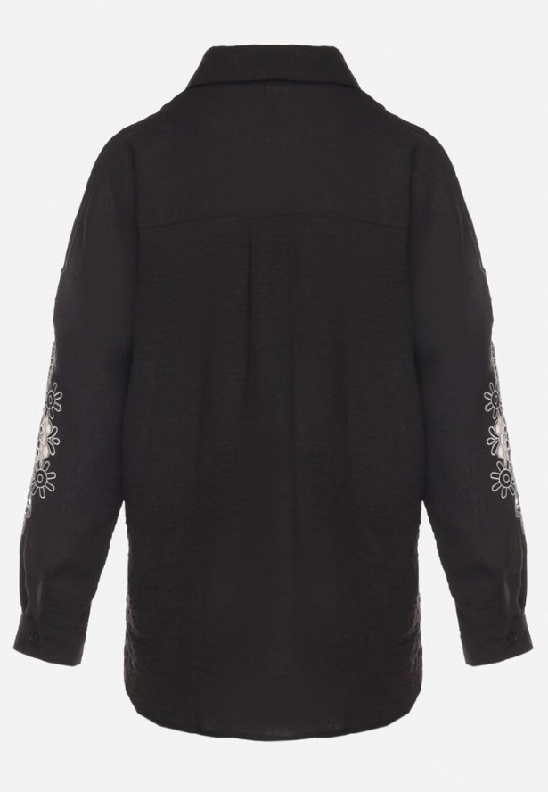 Czarna Koszula o Kroju Oversize Zdobiona Haftem na Rękawach Dovorea