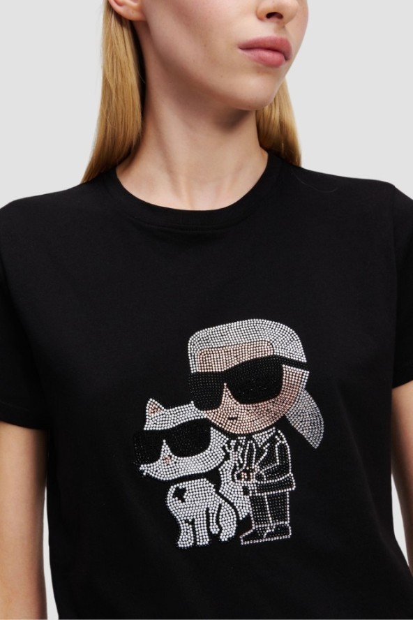 KARL LAGERFELD Сzarny damski t-shirt z cyrkoniami Ikon Duo, Rozmiar XL