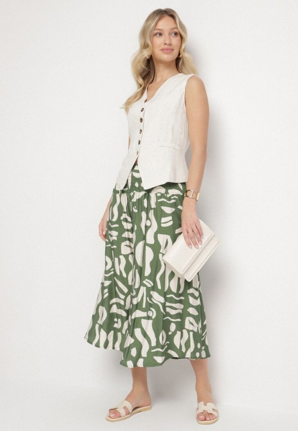 Zielone Szerokie Spodnie Kuloty z Gumką w Pasie i Geometrycznym Wzorem Virtebia