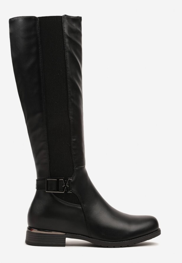 Czarne Płaskie Kozaki w Stylu Muszkieterek z Ozdobną Klamrą Annelis