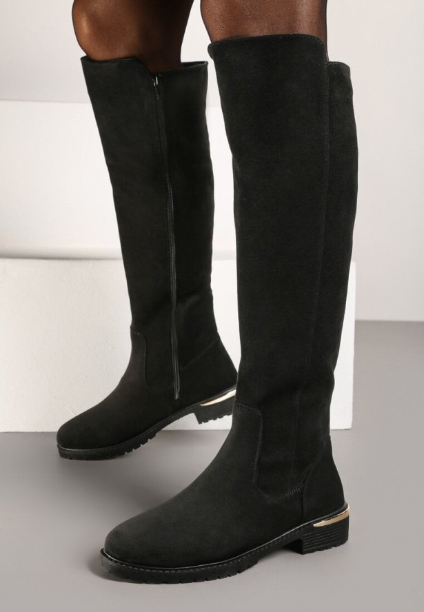 Czarne Płaskie Kozaki z Luźną Cholewką Przed Kolano z Imitacji Zamszu Lesida