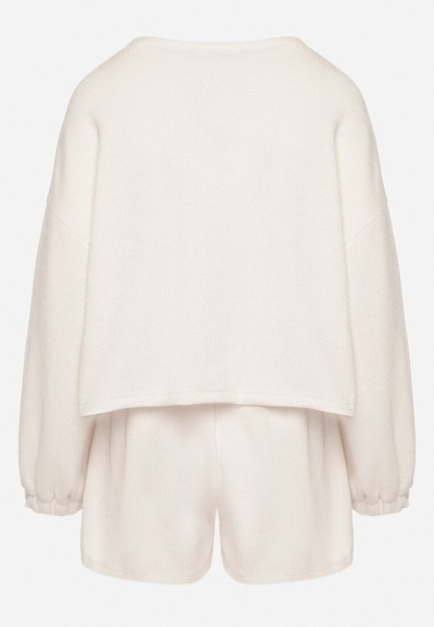 Jasnobeżowy Dzianinowy Komplet Bluza i Szorty Novanisa