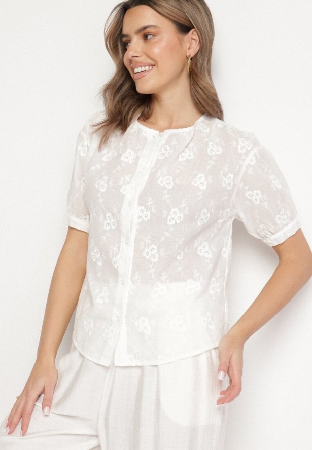 Biała Bawełniana Koszula o Krótkim Kroju z Krótkim Rękawem Zdobiona Haftem Zevaline