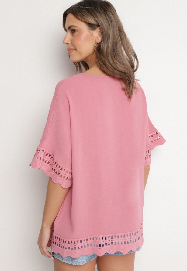 Różowa Bluzka z Ażurowymi Wstawkami Vozenia