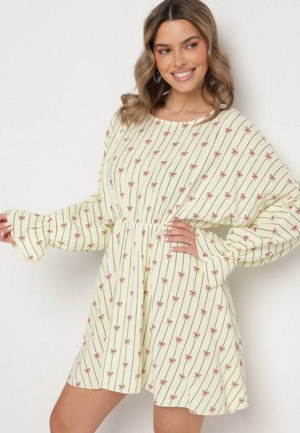 Żółta Bawełniana Sukienka w Paski z Kokardkami Xalriti