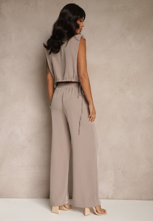 Jasnobrązowy Komplet Spodnie o Szerokim Kroju i Kopertowa Bluzka ze Ściągaczem Reavilora