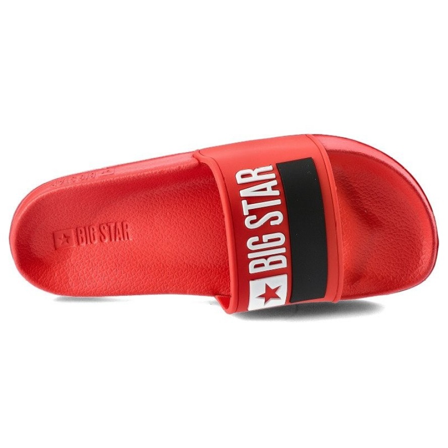 Klapki damskie Big Star, wykonane z materiału syntetycznego z szerokim paskiem na przodzie oraz płaską profilowaną podeszwą, czerwone, GG274A048