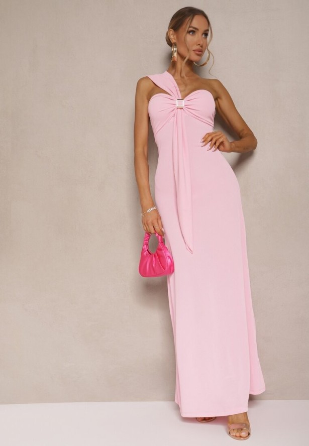 Różowa Asymetryczna Sukienka Koktajlowa Ozdobiona Metaliczną Aplikacją Divianis