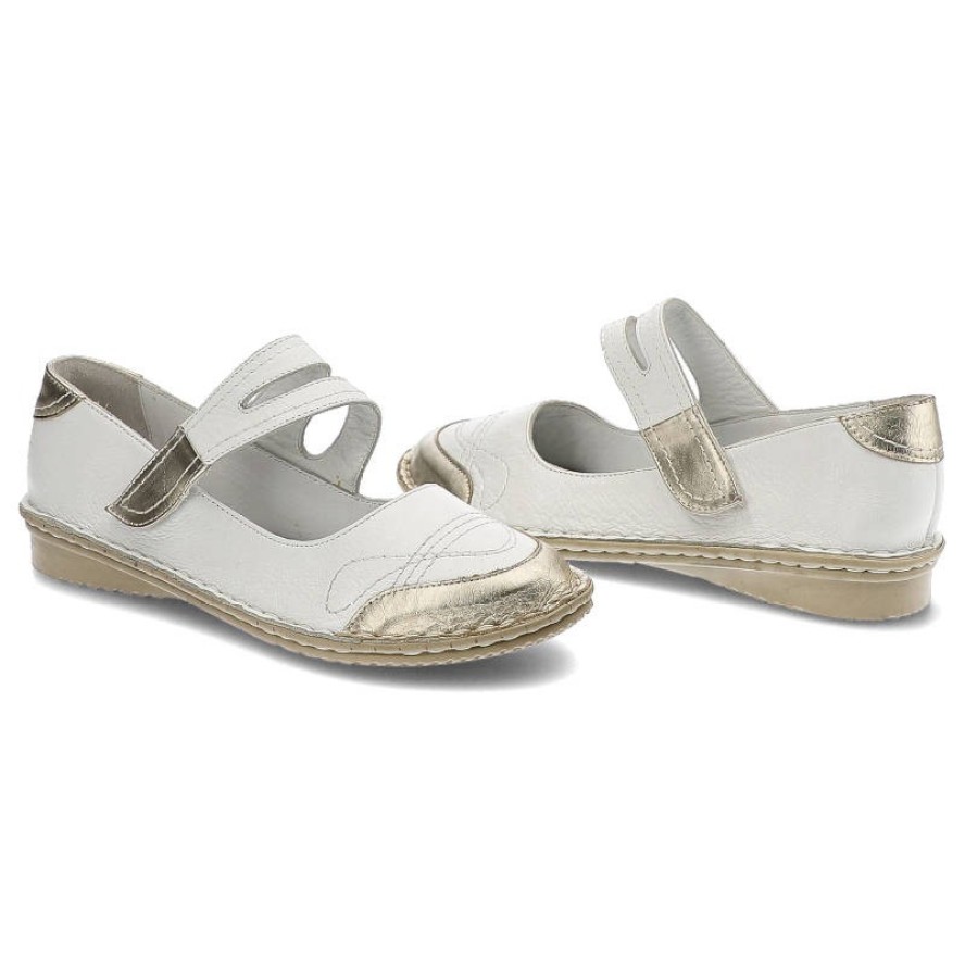 Półbuty damskie Lanqier, na płaskiej podeszwie i zapinane na rzep, białe ze złotym, 40C1221