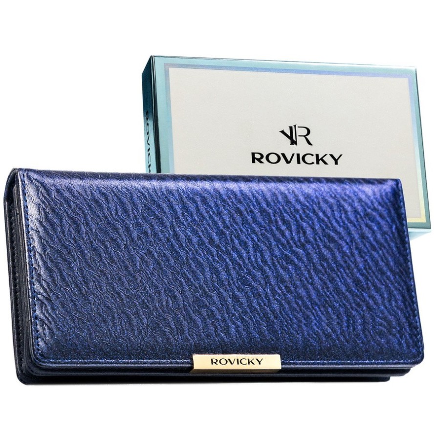 Granatowy portfel damski ze skóry ekologicznej wyposażony w system RFID - Rovicky