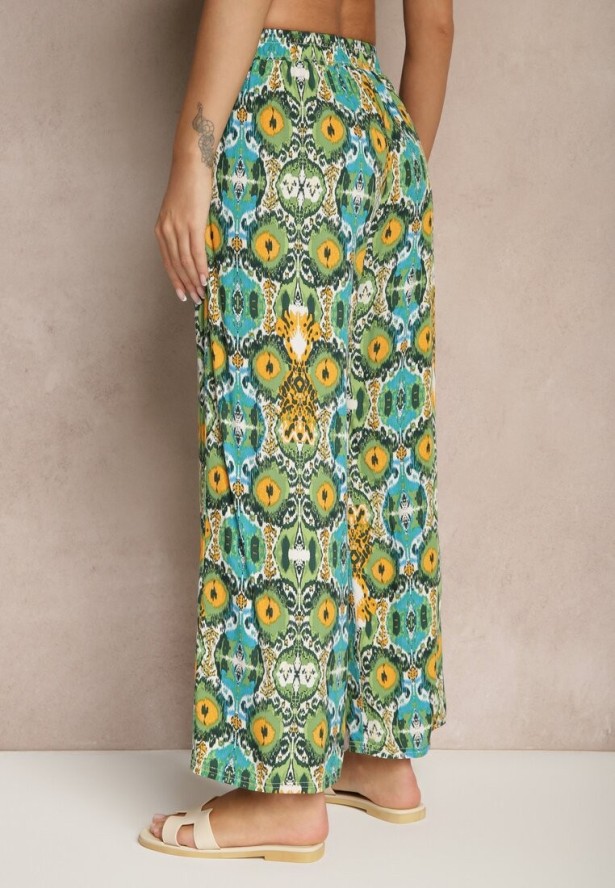 Zielone Bawełniane Spodnie High Waist Szerokie we Wzór Boho Tolioria