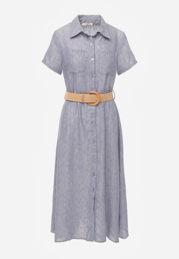 Niebieska Sukienka Koszulowa z Krótkim Rękawem i Paskiem z Klamrą Orethea