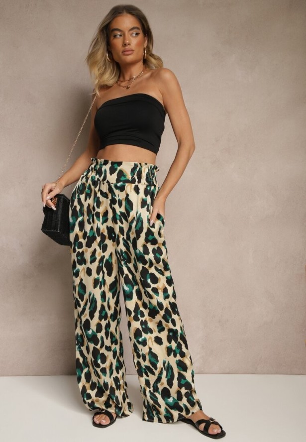 Zielono-Beżowe Panterkowe Spodnie o Szerokim Kroju Paper Bag High Waist Saliandra
