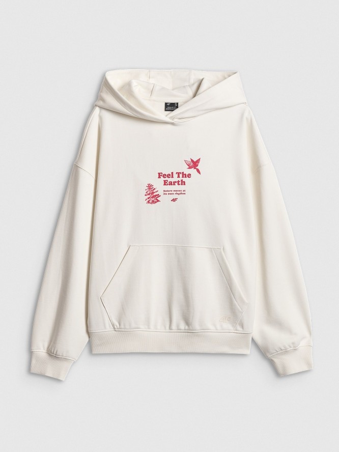 4F Bluza dresowa loose z kapturem damska - biała L