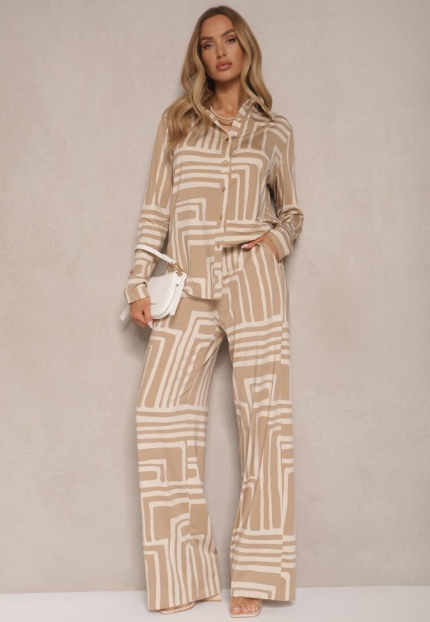 Beżowa Koszula z Wiskozą i Geometrycznym Motywem Ulselia