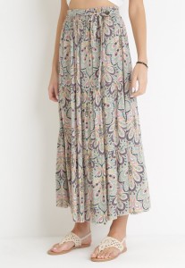 Miętowa Spódnica Maxi z Wiskozy z Gumką w Pasie w Kwiaty Maizla