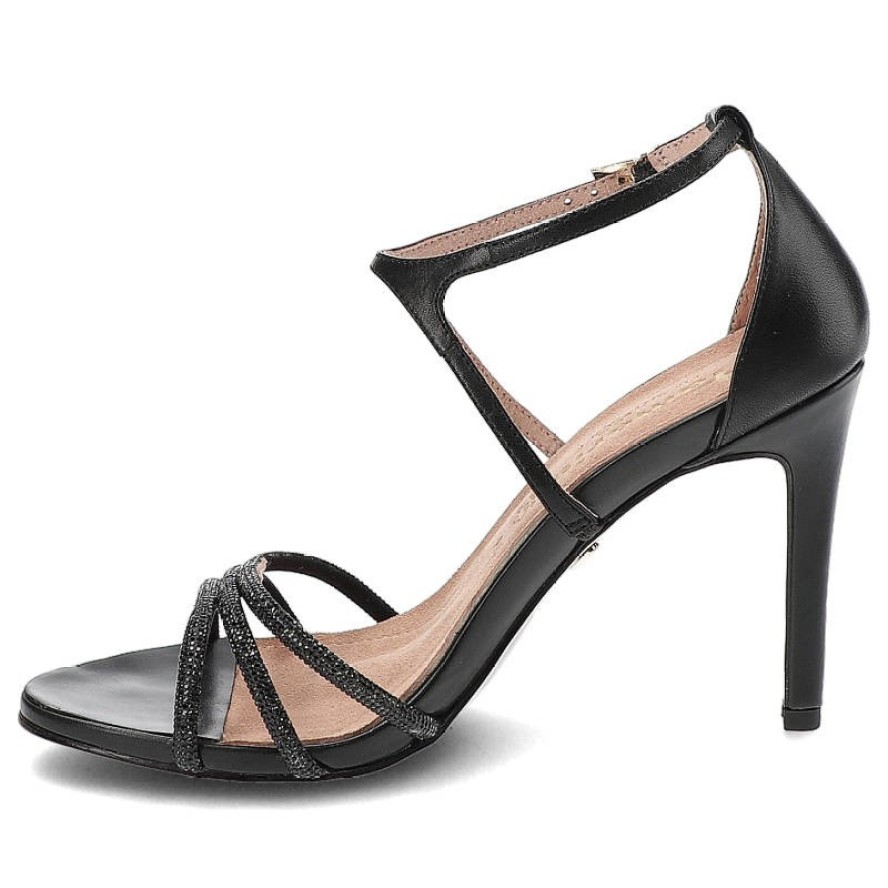 Sandały damskie Tamaris, wykonane ze skóry naturalnej licowej z paskami zdobionymi drobnymi kryształkami regulowanym zapięciem na klamrę i jednolitą