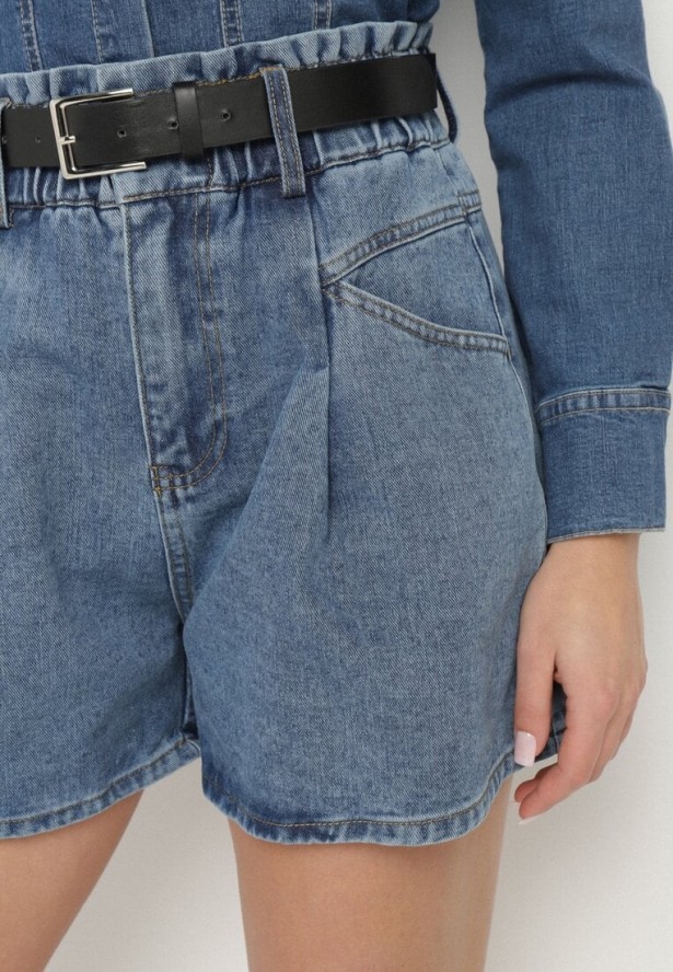 Niebieskie Szorty Jeansowe z Ozdobnymi Przeszyciami Gumką w Talii i Paskiem Alariana