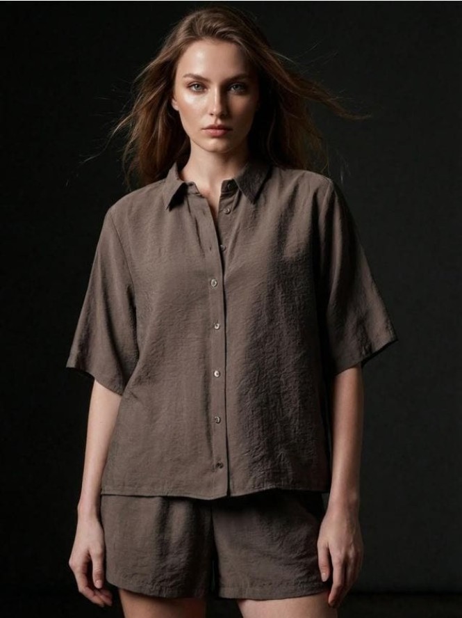 Koszula z krótkim rękawem i kołnierzykiem z modalem - brązowy