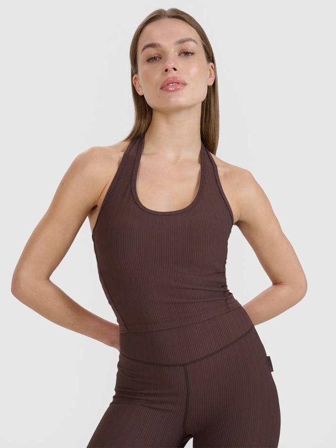 4F Crop top slim gładki damski 4F x Anna Lewandowska - brązowy S