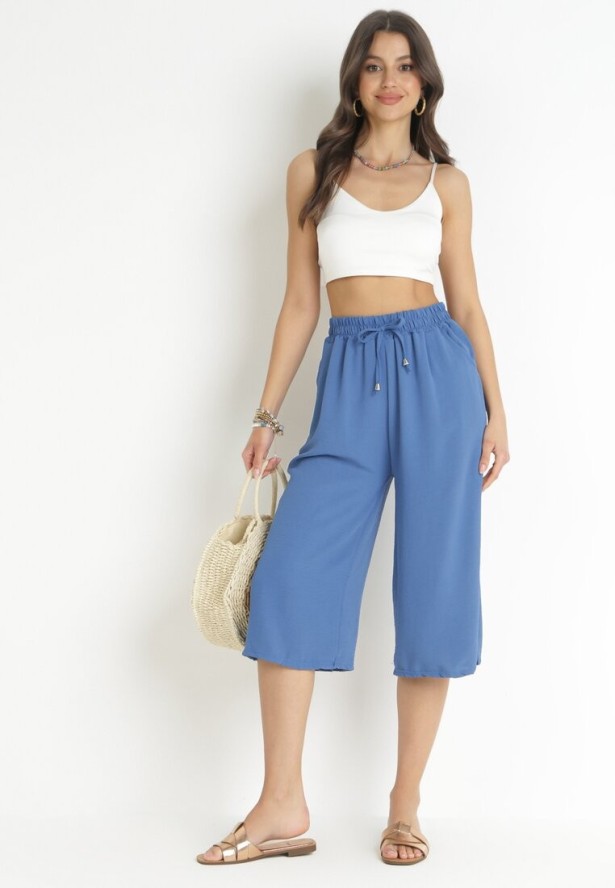 Granatowe Szerokie Spodnie z Gumką w Pasie Sliverta