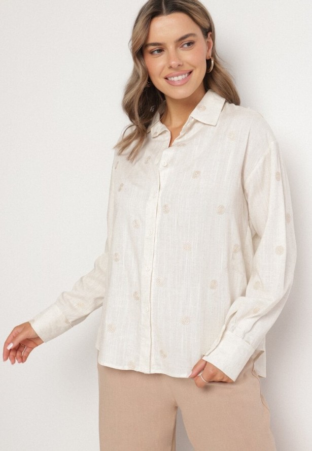 Beżowa Koszula z Wiskozą i Lnem Ozdobiona Haftem Lisarena
