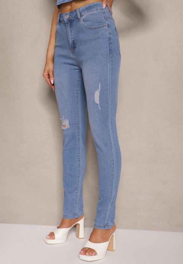 Jasnoniebieskie Jeansy Skinny High Waist z Ozdobnymi Przetarciami Palisiela