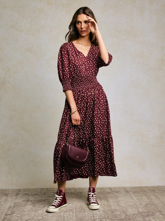 Sukienka damska midi z wiskozy z motywem kwiatowym bordowa Sheri 604