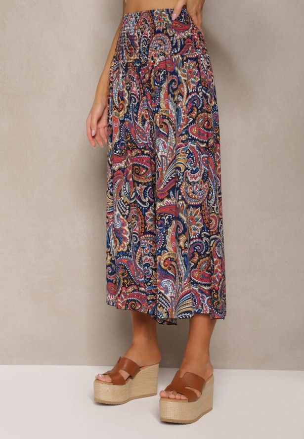 Granatowe Spodnie Culottes z Bawełnianej Tkaniny Ozdobione Wzorem Paisley Gwinamas