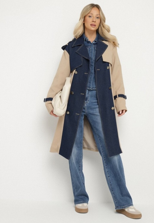 Niebieski Płaszcz Trencz z Bawełną Ozdobiony Jeansowymi Wstawkami Tirsedi