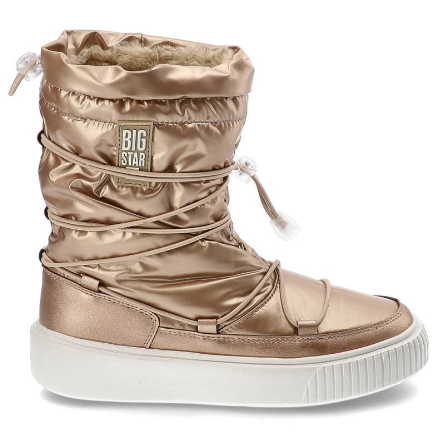 Śniegowce damskie Big Star, z połączenia materiału tekstylnego i syntetycznego z pikowaną metaliczną cholewką regulowanym sznurowaniem, beżowe, KK274