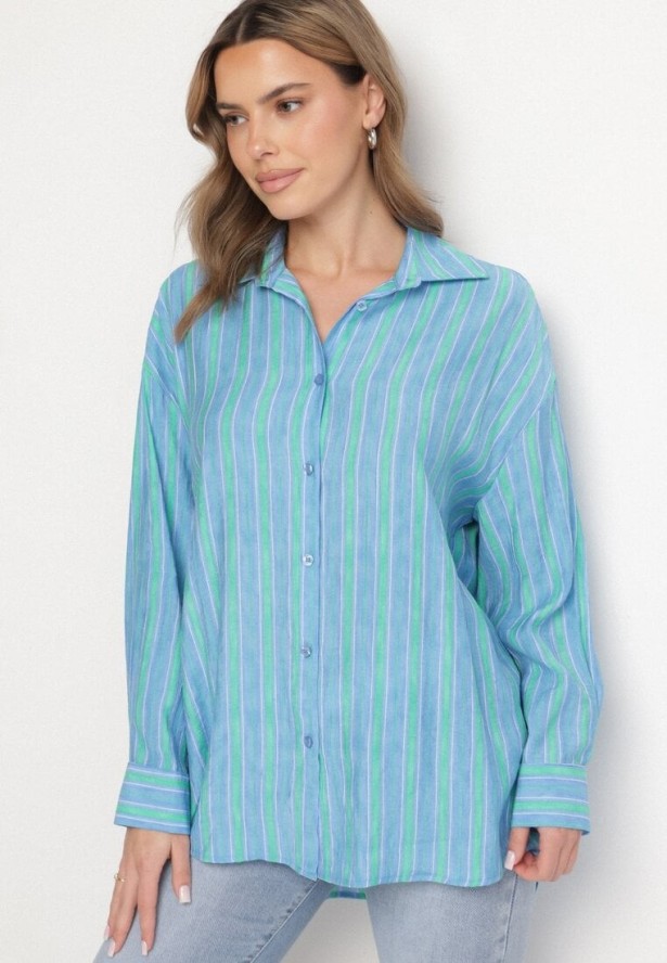 Niebieska Koszula z Wiskozą Ozdobiona Paskami Liavona