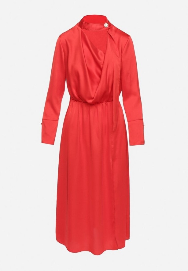 Czerwona Satynowa Sukienka Koktajlowa Ozdobiona Guzikiem Leannea
