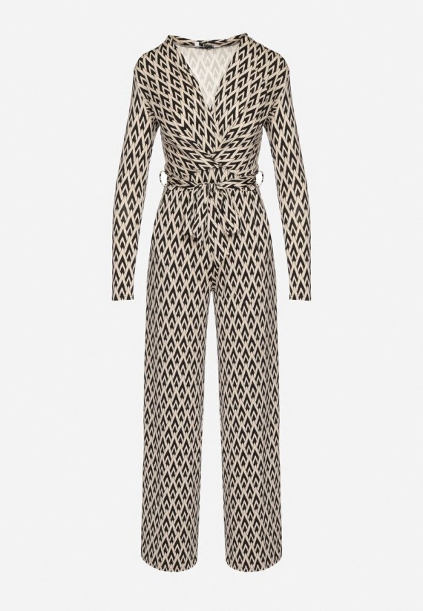 Czarny Kombinezon Ozdobiony Geometrycznym Wzorem z Wiązanym Paskiem Palenori