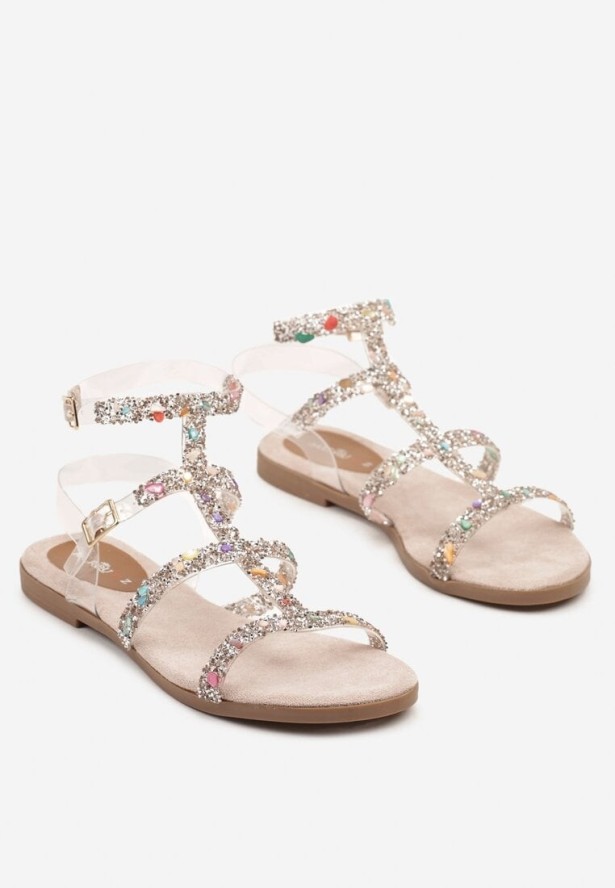 Beżowe Sandały Rzymianki Ozdobione Cyrkoniami Lovianne