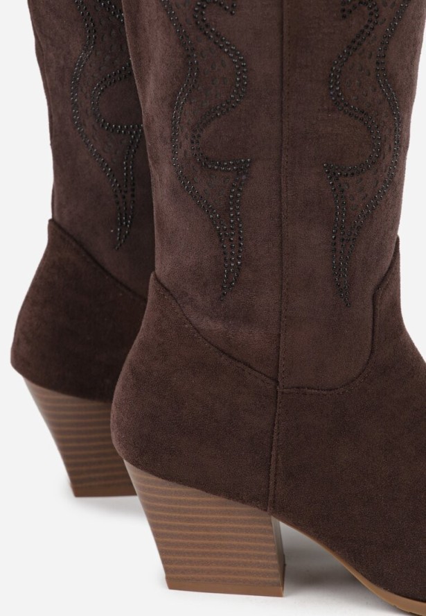 Brązowe Kozaki Kowbojki na Stożku z Cholewką z Cyrkoniami Nalikka