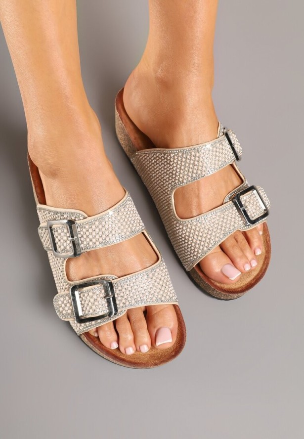 Beżowe Klapki na Grubej Podeszwie z Korka z Cyrkoniową Cholewką Dralsedi