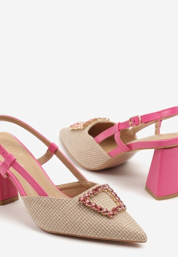 Beżowo-Różowe Sandały na Obcasie Bez Pięty z Cyrkoniową Ozdobą Koriene