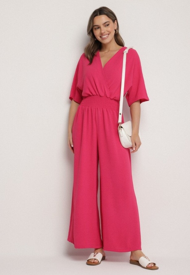 Fuksjowy Kopertowy Kombinezon z Gumką w Talii i Szerokimi Nogawkami Vimashea