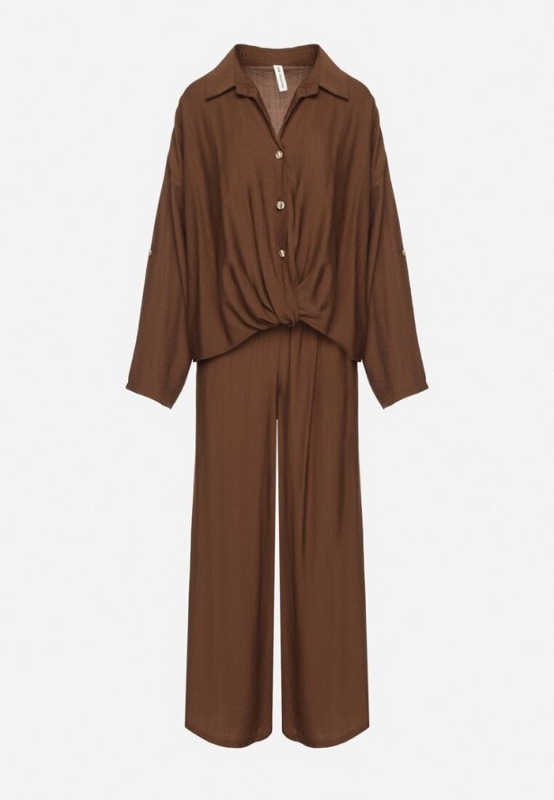 Brązowy Wiskozowy Komplet Oversize Koszula i Spodnie z Gumką w Talii Natilira