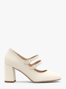 Kremowe czółenka damskie z dekoracyjnymi paskami