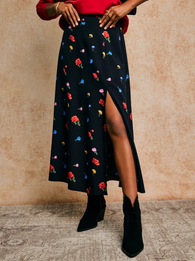 Spódnica damska midi z wiskozy z motywem kwiatowym czarna Brie 906