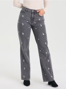 Jeansy wide leg high waist z kwiatowym haftem - szary