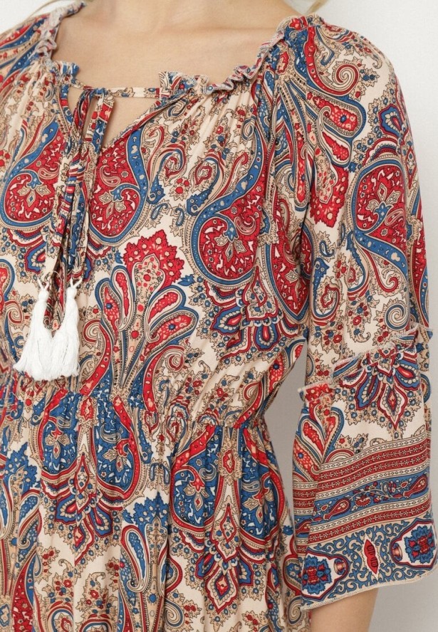 Czerwona Rozkloszowana Sukienka Bawełniana we Wzór Paisley z Chwostami Elliassa