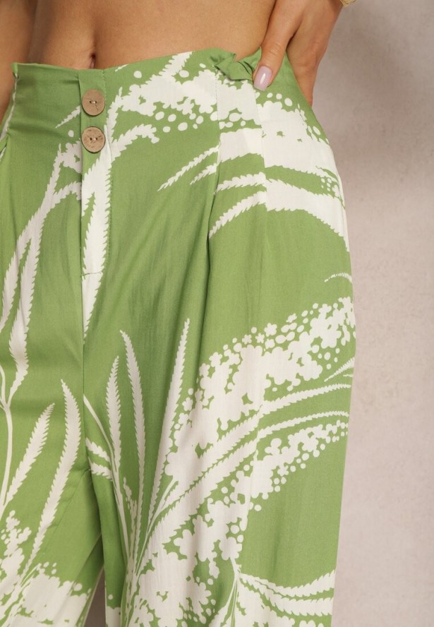 Jasnozielone Szerokie Spodnie z Wiskozy High Waist o Kroju Kulotów z Motywem Liści Vimanelle