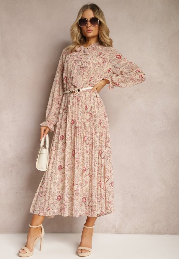 Jasnobeżowa Rozkloszowana Sukienka z Wiązaniem przy Szyi w Print Paisley Clarosa